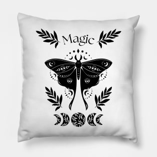 Magic black and white night moth lunar cycle Pillow