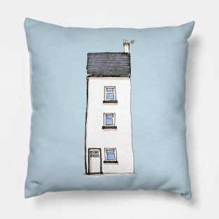 Cottage in Devon White Watercolor Pillow