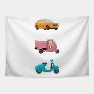 Iconic Italian Vehicles - Scooter, Rikshaw and Car Tapestry