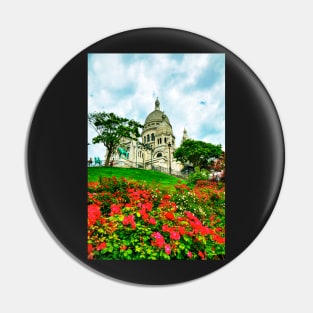 Sacre Coeur Basilica, Red Flowers, Paris, France Pin