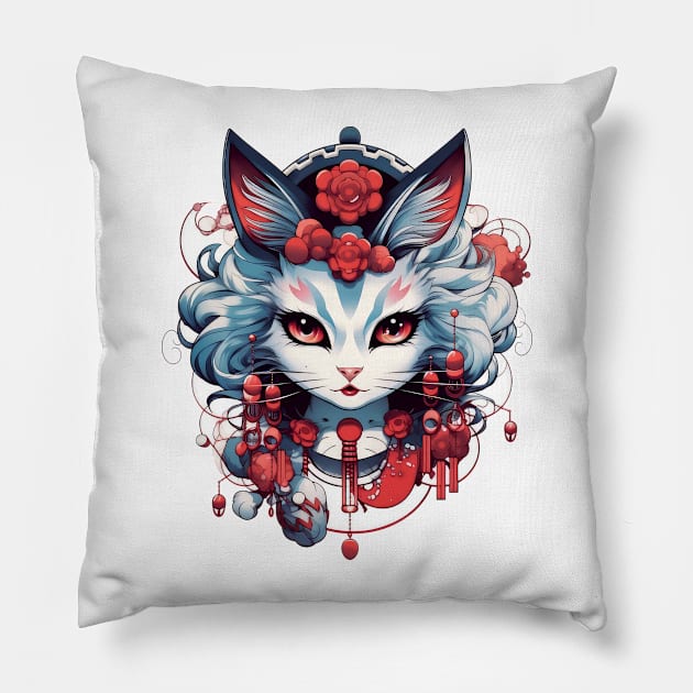 Cat geisha Nekomata Pillow by RosaliArt