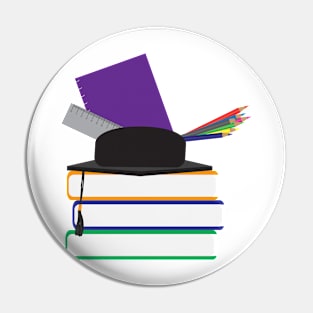 Graduation cap with chool supplies on Books Pin