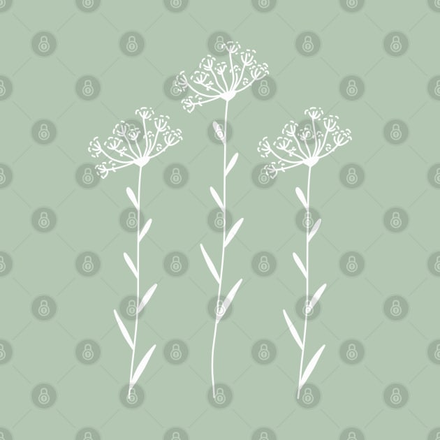 Dandelion Wildflower On Sage Green One Line Art Flowers by ArunikaPrints