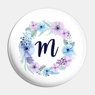 Floral Monogram M Icy Winter Blossoms Pin