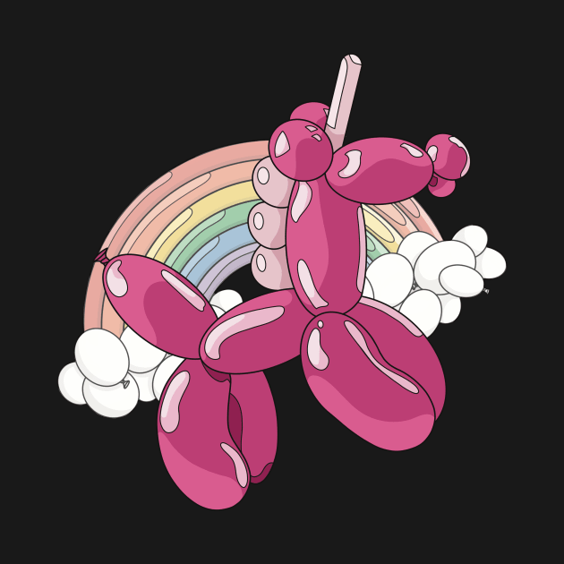 A light and dark pink unicorn balloon with a ballon rainbow and balloon clouds behind it. by Fruit Tee