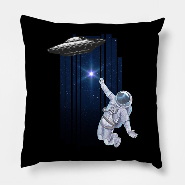 Ufo alien funny cute flying spaceship astronaut moon mars cosmic forest Pillow by BoogieCreates