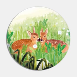 Roe Deer Fawns in Grass Illustration Pin