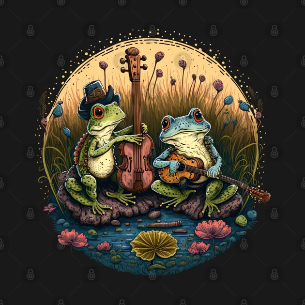 Cottagecore aesthetic frogs playing ukelele on Mushroom by JayD World