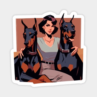 Retro woman with two doberman dogs Magnet