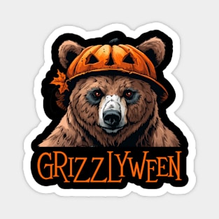 Grizzly with Pumpkin Head - Grizzly Bear Halloween Magnet