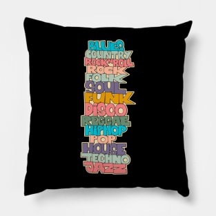 Soul, Funk, Disco, House and other Music Styles. typography Pillow