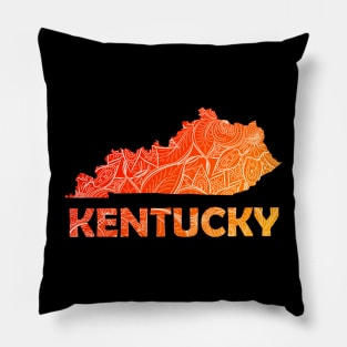 Colorful mandala art map of Kentucky with text in red and orange Pillow