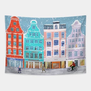Winter City with Colorful Vintage Houses in the snow Tapestry