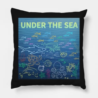 under the sea,blue sea,sea creatures,Turtle, puffer fish, starfish, shrimp, shark, tropical fish, sea horse, seaweed, sardines, squid, crabs, clams Pillow