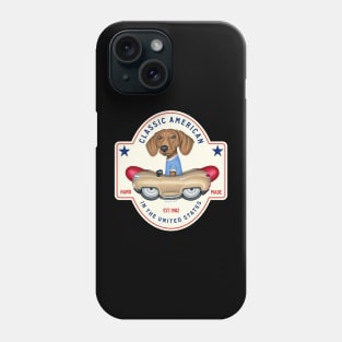 Cute Doxie Dog driving retro classic hotdog car on Dachshund Classic American Phone Case