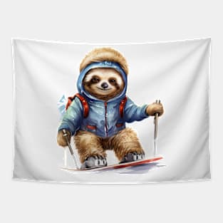 Christmas Sloth Skiing Tapestry