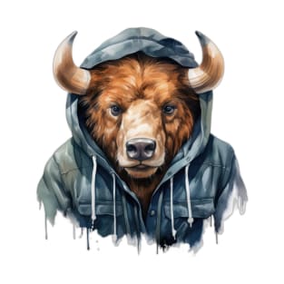 Watercolor Cartoon Buffalo in a Hoodie T-Shirt