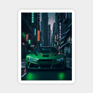 Dark Green Sports Car in Japanese Neon City Magnet