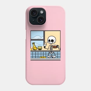 Skeleton in kitchen drinking wine and eating Phone Case