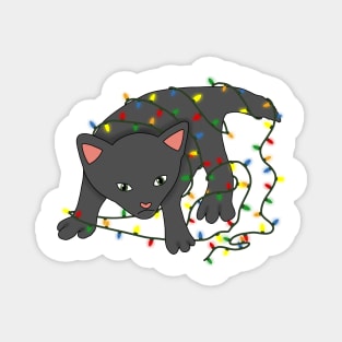 Black cat tangled in christmas lights Magnet