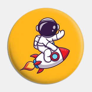 Cute Astronaut Riding Rocket And Waving Hand Cartoon Pin