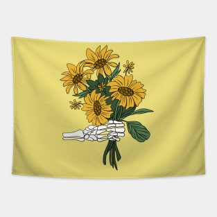 Skeleton holding sunflowers Tapestry