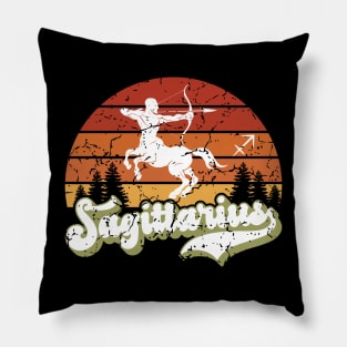 Sagittarius Zodiac Sign - Distressed Retro Sunset Pillow
