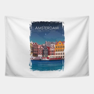 Amsterdam The Netherlands Travel Poster at Night Tapestry