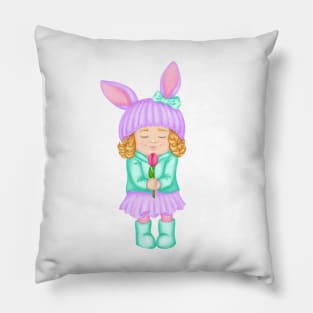 Baby girl in bunny hat and spring clothes with flower. Spring print Pillow