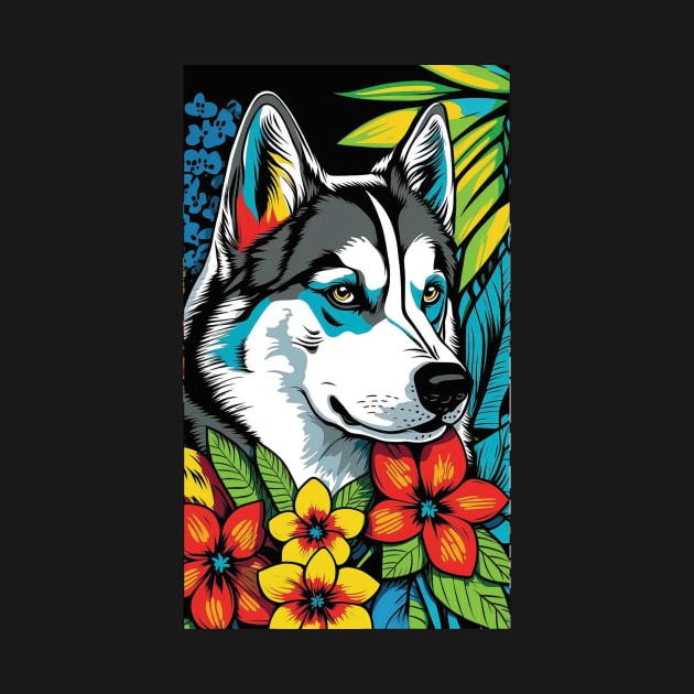 Husky Dog Vibrant Tropical Flower Tall Retro Vintage Digital Pop Art Portrait by ArtHouseFlunky