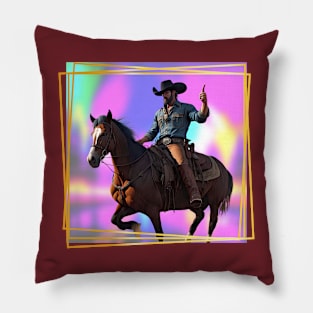 Mounted Cowboy holding his finger up Neon backgrd Pillow