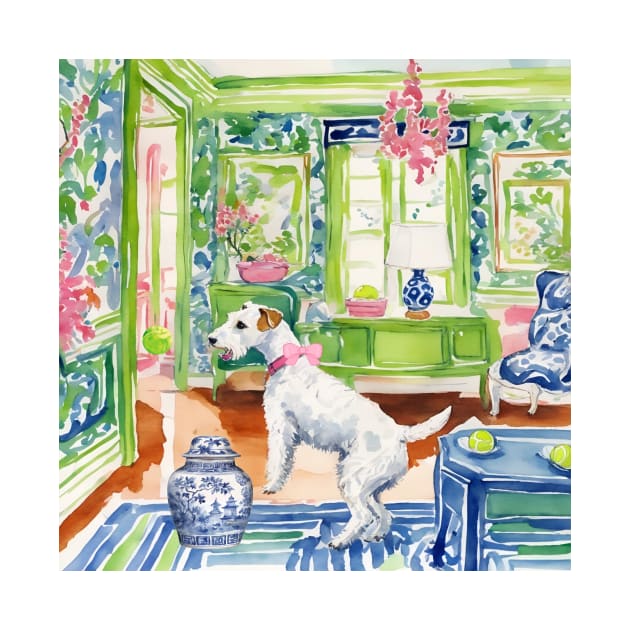 White terrier playing ball in chinoiserie interior by SophieClimaArt