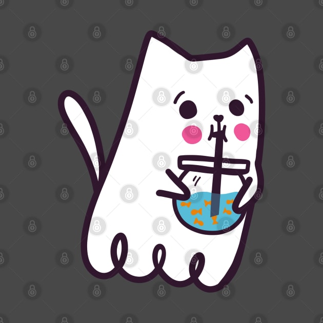 Ghost Cat Drinking Goldfish Bubble Tea by StephersMc