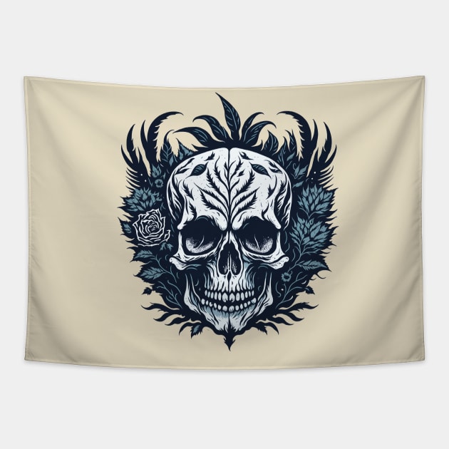 Skull with dark colors, flower decorations, skull art, style tattoo Tapestry by Collagedream