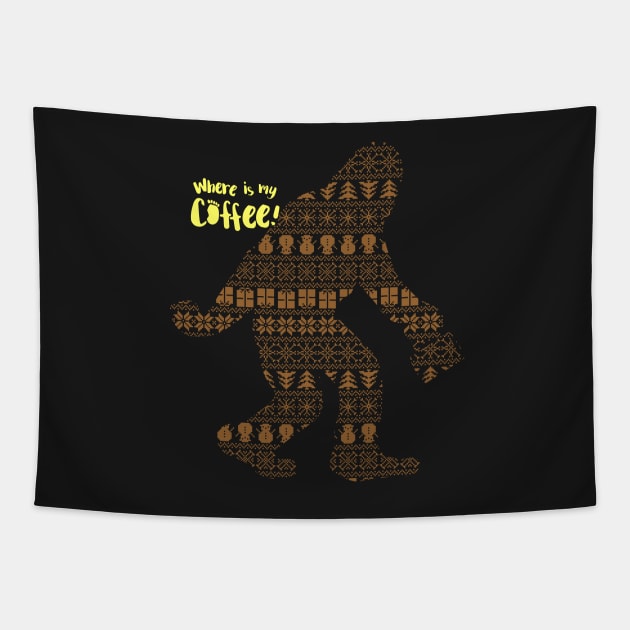 Where is my Coffee - Christmas Yeti / Bigfoot Tapestry by chinoguin7