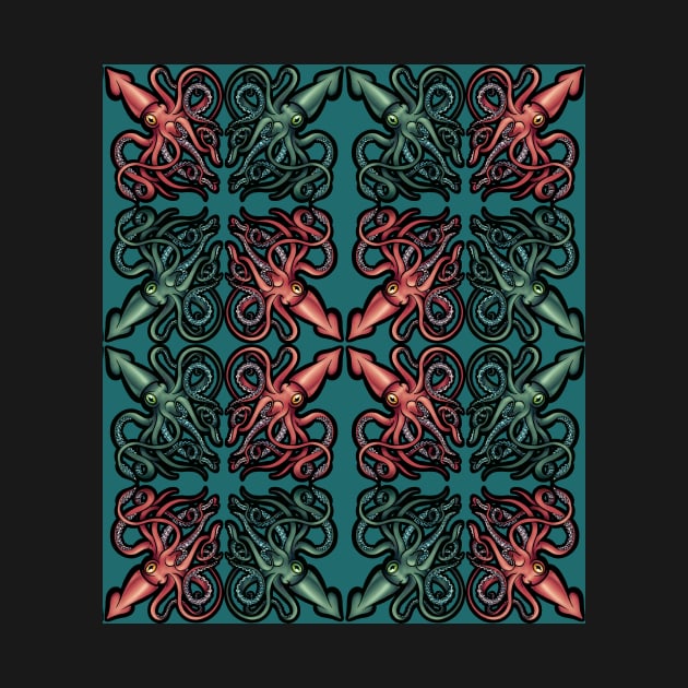 Red and Green Giant Squid Architeuthis pattern on teal by RJKpoyp