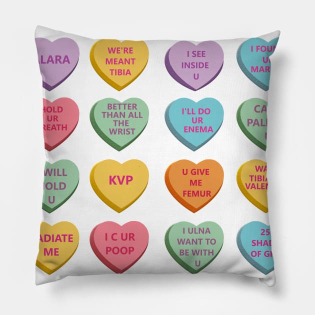 Funny Xray Valentines Candy Hearts WT Background Pillow by Humerushumor