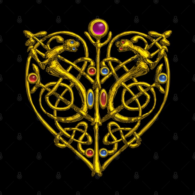 HYPER VALENTINE / GOLD CELTIC HEART WITH LIZARDS IN BLACK by BulganLumini