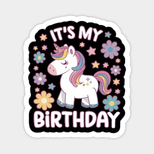 it's my birthday cute kawaii unicorn groovy flowers design for kids girl Magnet