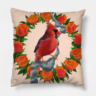 Northern Cardinal Bird on Red Roses Pillow