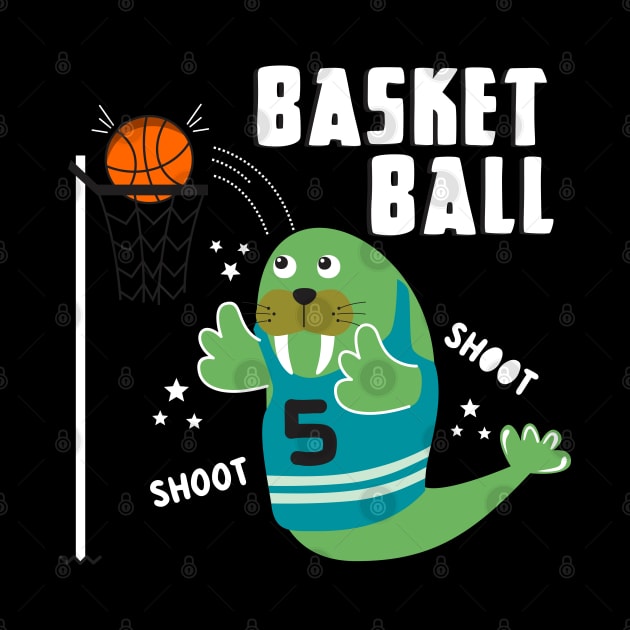 Walrus playing basketball cartoon by Mako Design 