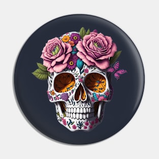 Funny Sugar Candy Skull With Flowers Pin