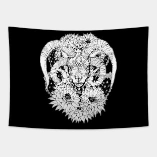 Painted Skull in Flowers - Black and White Tapestry