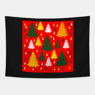 Gold green silver Christmas trees on red background Tapestry