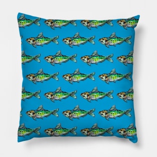 Green Sardines on Blue Pattern Pillow