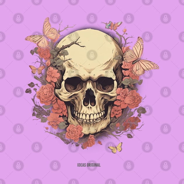 "Floral Whispers: A Skull Adorned with Flowers and Butterflies" by i-deas.co