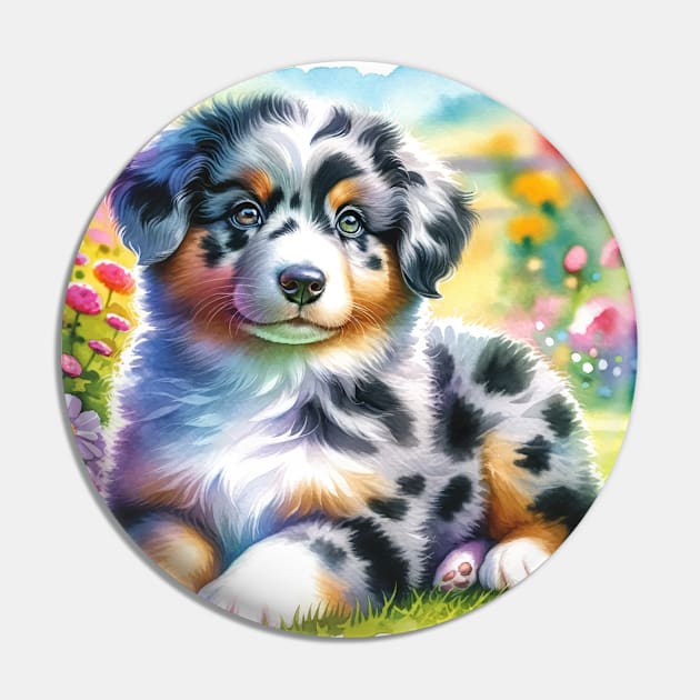 Watercolor Miniature American Shepherd Puppies Painting - Cute Puppy Pin by Aquarelle Impressions