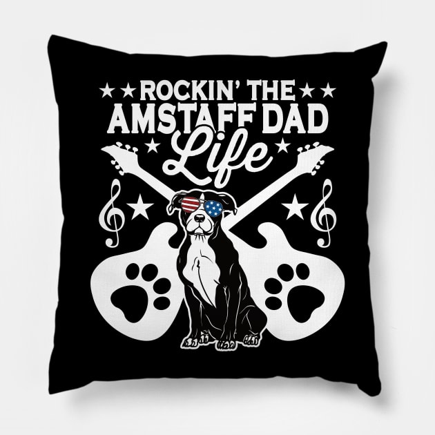 Rockin The Amstaff Dad Life Dog Lover Guitar Musician Pillow by RadStar