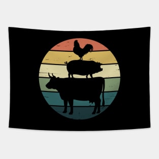 Retro Rainbow Stacked Farm Animals Cow Pig Rooster Tapestry