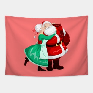 Mrs Claus Kisses Santa On Cheek And Hugs Tapestry